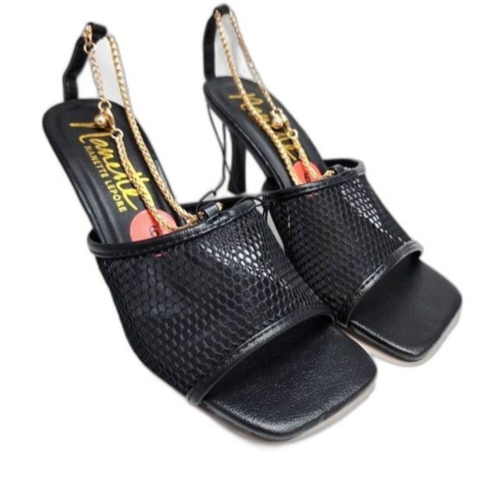Nanette Lepore NWT Winsky Black Mesh and Gold‎ Chain Heeled Mules Size 6